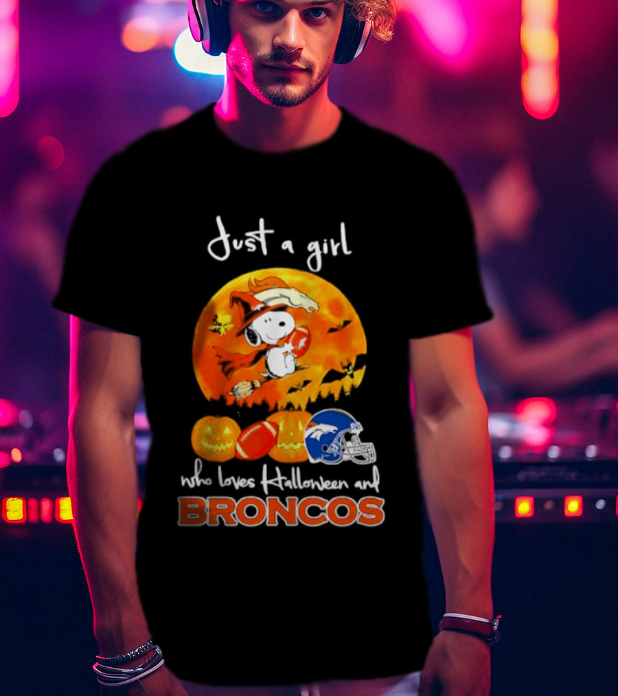Just A Girl Who Loves Halloween And Broncos Football With Snoopy And Woodstock In Pumpkin T-Shirt