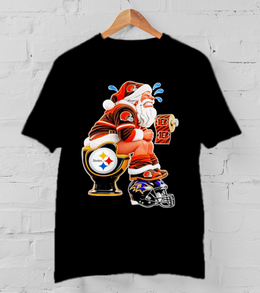 Santa Claus Cleveland Browns Toilet Sitting Steelers Ravens Bengals Meme T-Shirt