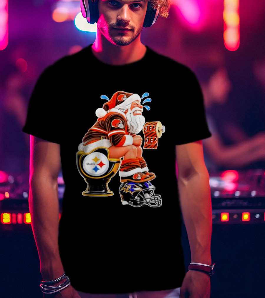Santa Claus Cleveland Browns Toilet Sitting Steelers Ravens Bengals Meme T-Shirt