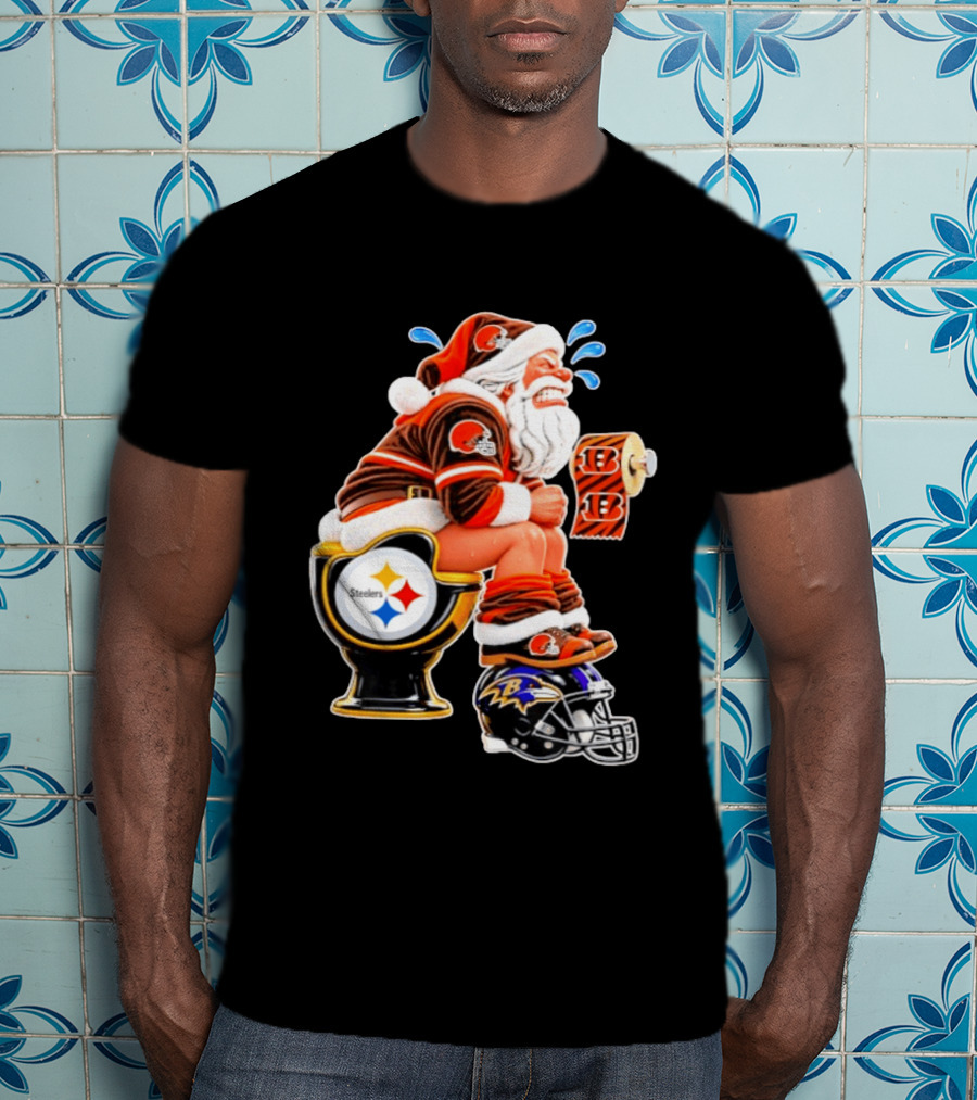 Santa Claus Cleveland Browns Toilet Sitting Steelers Ravens Bengals Meme T-Shirt