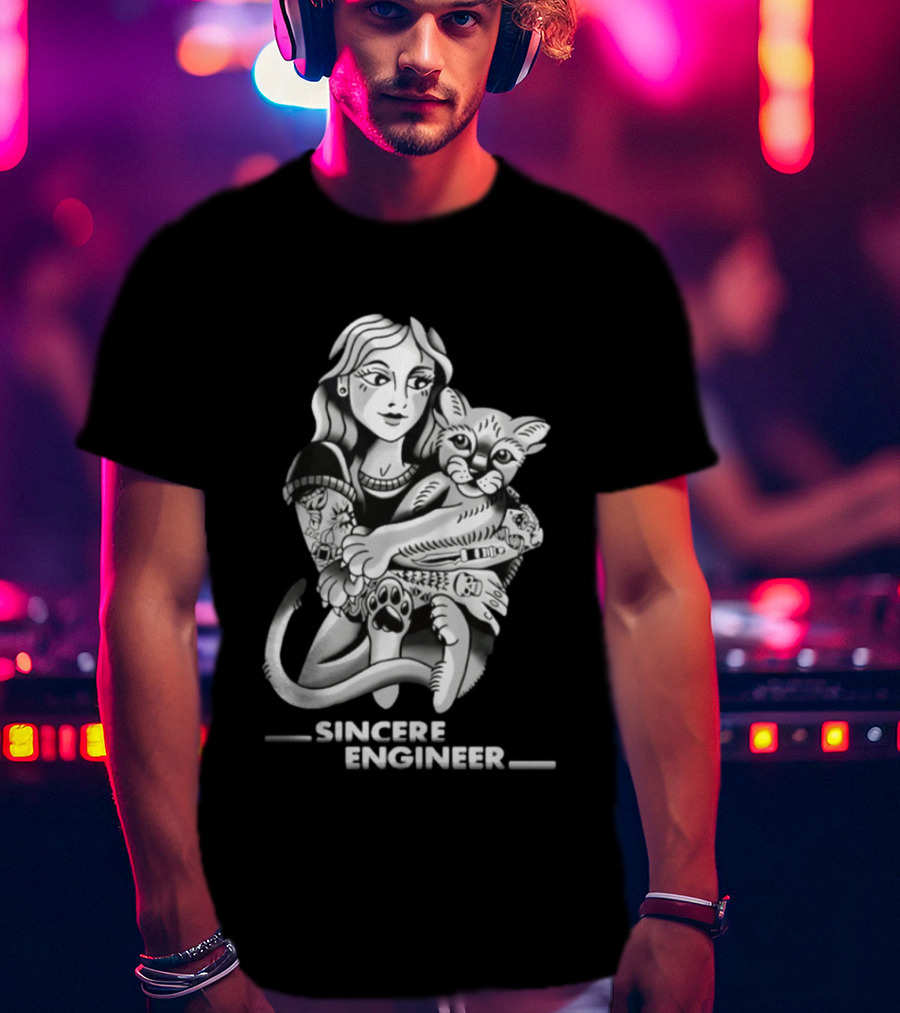Sincere Engineer Punk Alternative Tattooed Girl Hugging Cat T-Shirt
