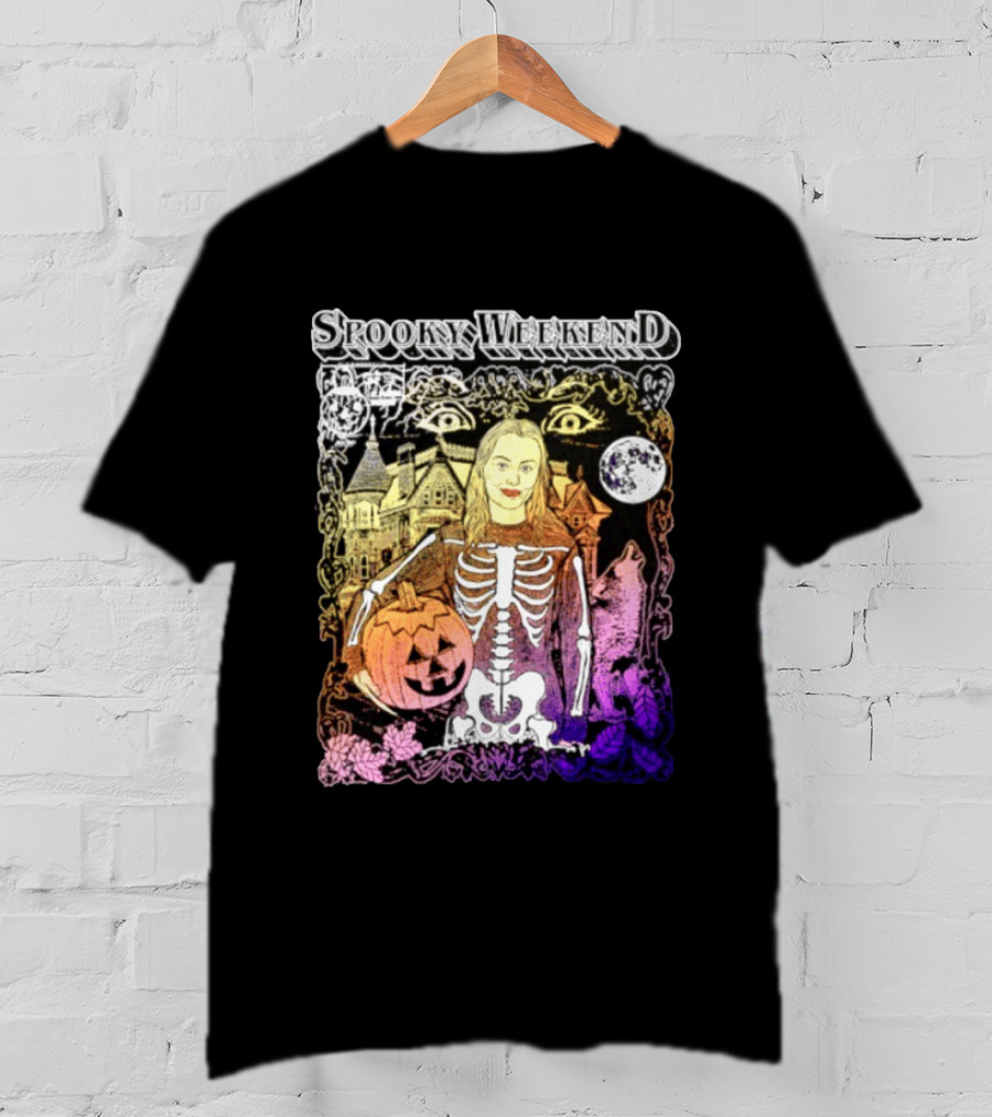 Spooky Weekend Skeleton Pumpkin Haunted House Halloween Magic Moonlit Night T-Shirt