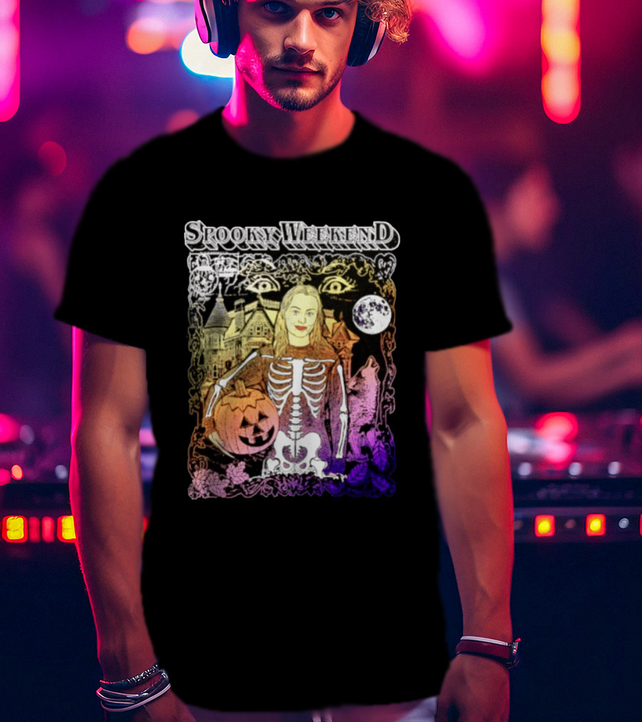 Spooky Weekend Skeleton Pumpkin Haunted House Halloween Magic Moonlit Night T-Shirt