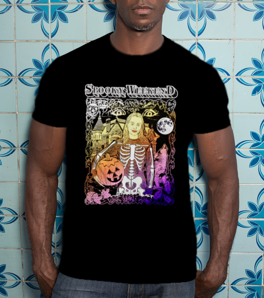 Spooky Weekend Skeleton Pumpkin Haunted House Halloween Magic Moonlit Night T-Shirt