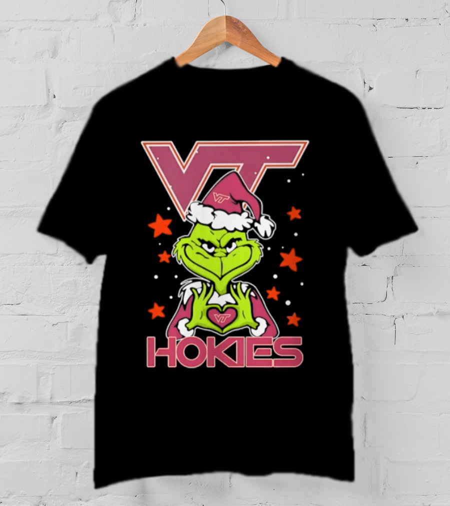 Virginia Tech Hokies Grinch Christmas Love Hands Football 2026 T-Shirt