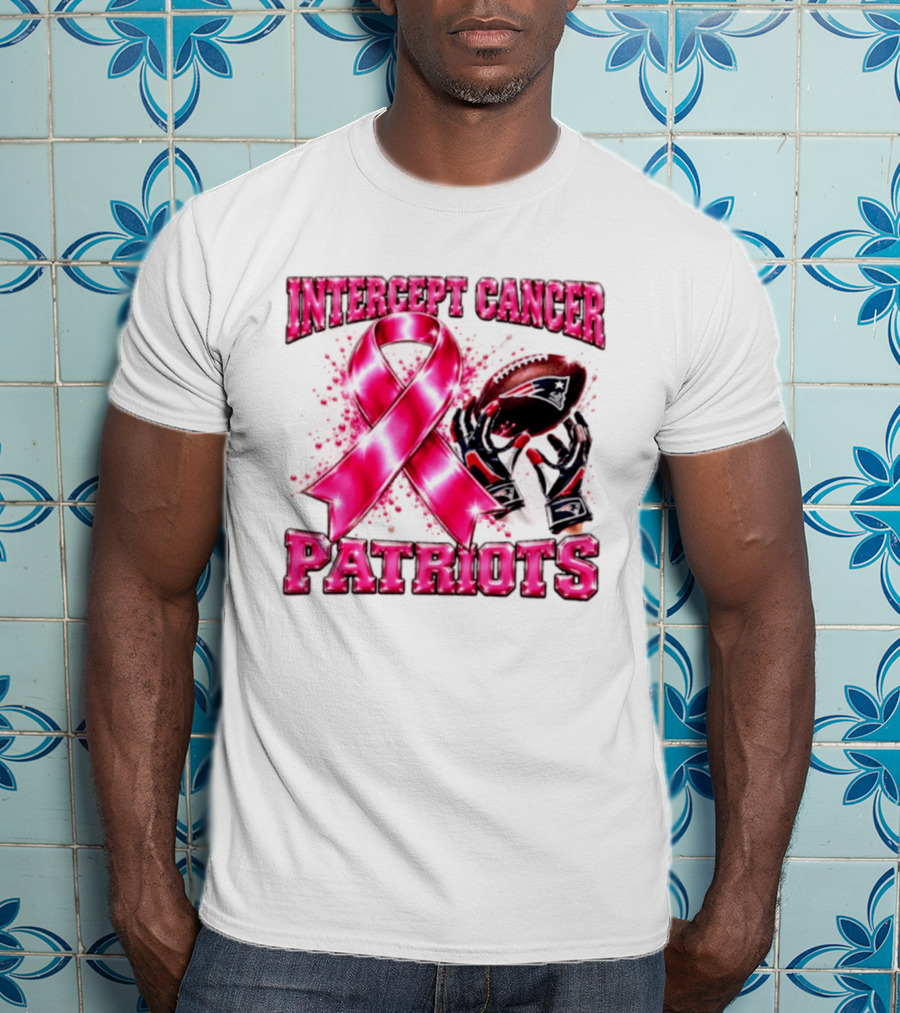 Intercept Cancer New England Patriots 2026 Football Gloves Pink Ribbon Awareness T-Shirt