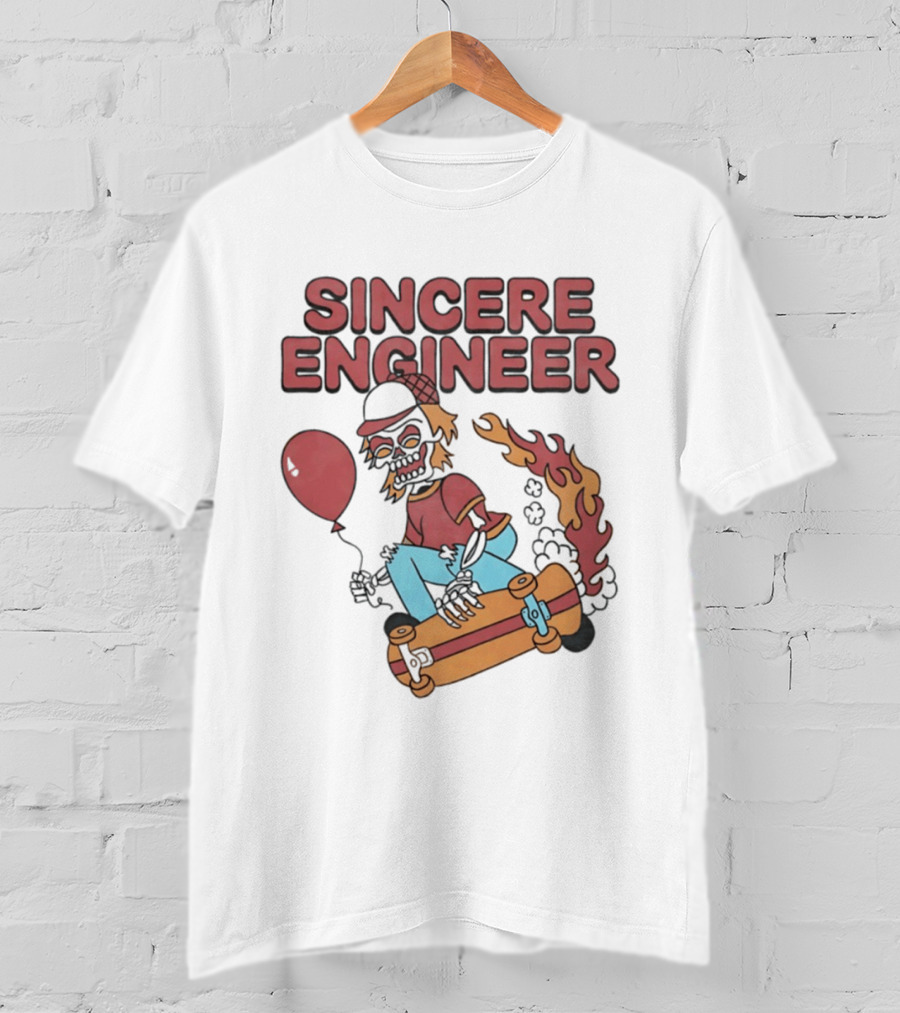 Sincere Engineer Skeleton Skateboarder With Balloon And Flaming Wheels T-Shirt