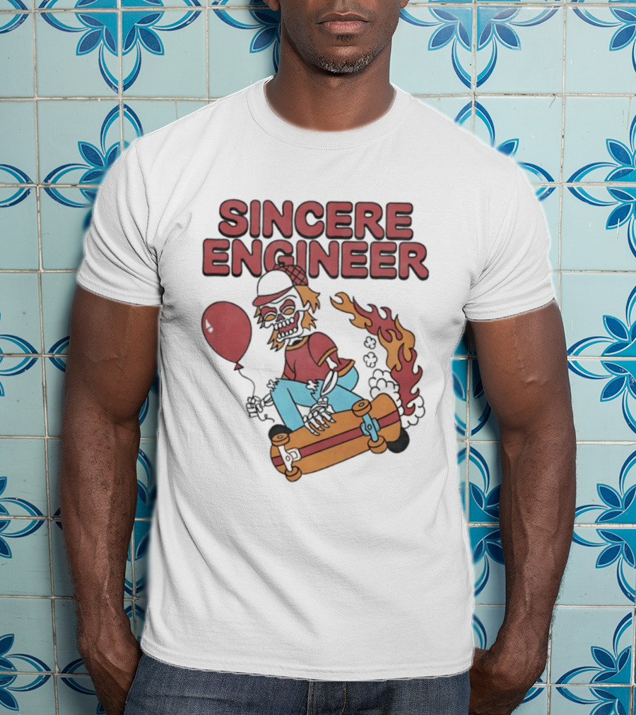 Sincere Engineer Skeleton Skateboarder With Balloon And Flaming Wheels T-Shirt