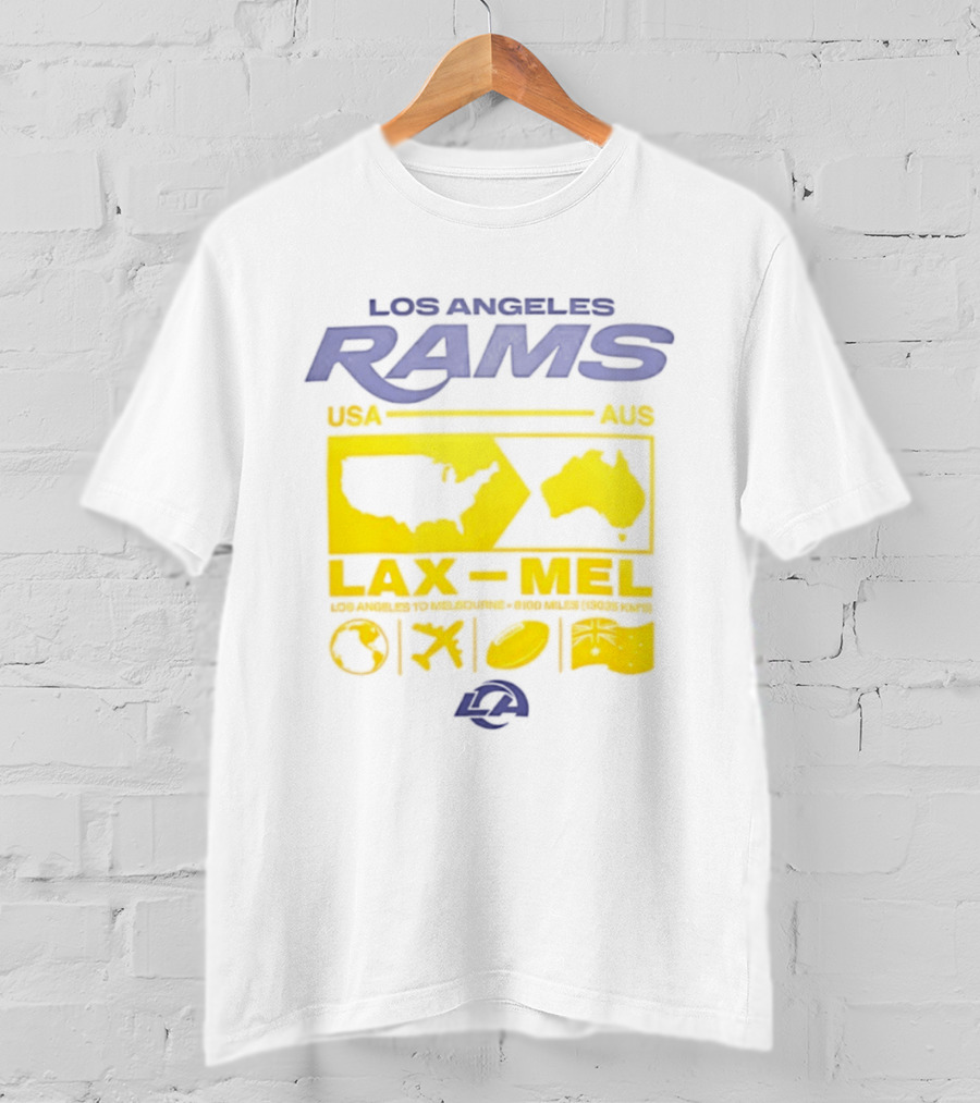 Los Angeles Rams LAX To MEL 2026 USA To Australia Football Journey T-Shirt