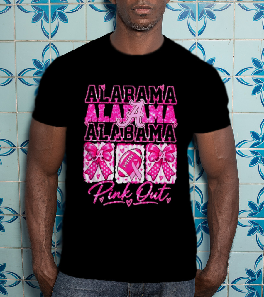 Alabama Crimson Tide A Pink Out Breast Cancer Awareness Football Bow Game Day T-Shirt