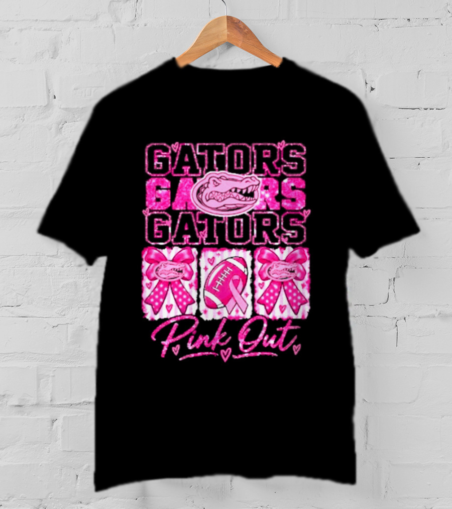 Gators Pink Out Breast Cancer Awareness Game Day Bow Ribbon Football T-Shirt