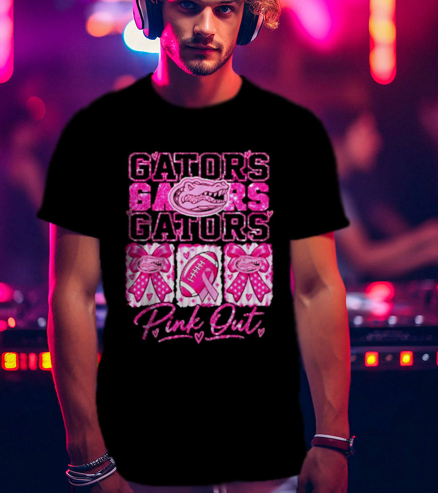 Gators Pink Out Breast Cancer Awareness Game Day Bow Ribbon Football T-Shirt