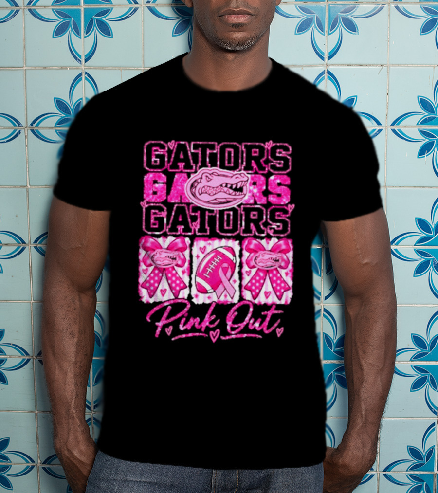 Gators Pink Out Breast Cancer Awareness Game Day Bow Ribbon Football T-Shirt
