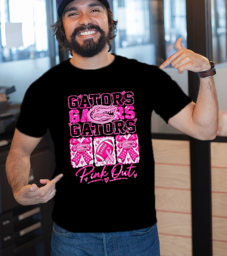 Gators Pink Out Breast Cancer Awareness Game Day Bow Ribbon Football T-Shirt