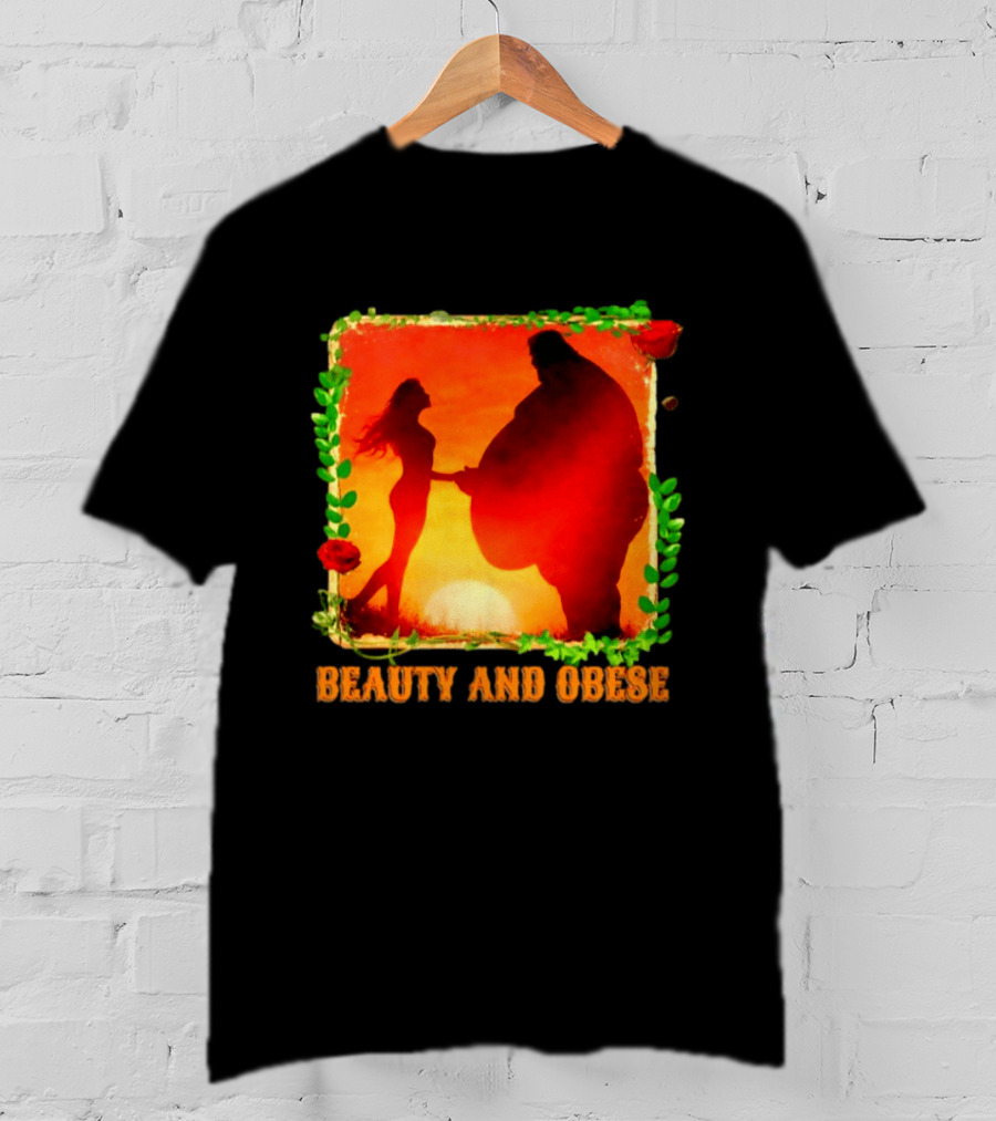 Beauty And Obese Romantic Satire With Sunset Silhouette And Roses T-Shirt