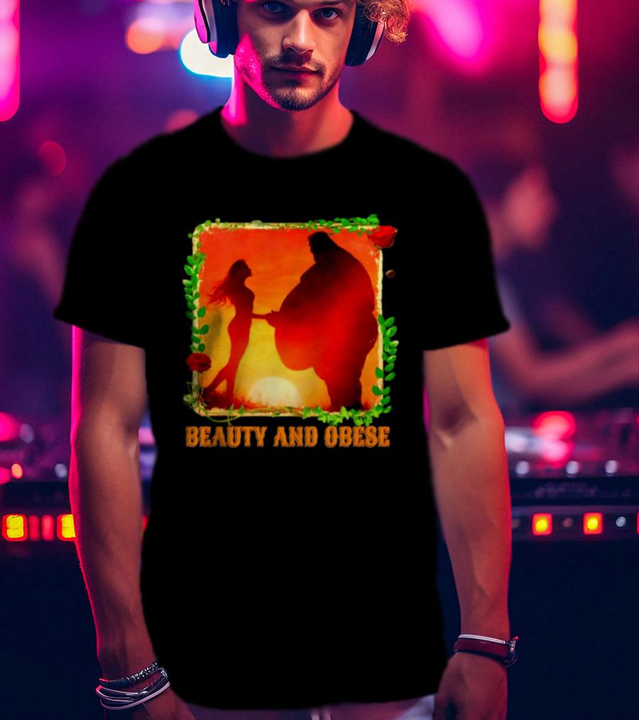 Beauty And Obese Romantic Satire With Sunset Silhouette And Roses T-Shirt