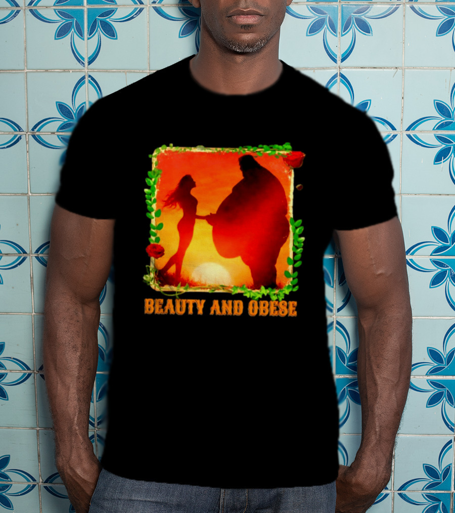 Beauty And Obese Romantic Satire With Sunset Silhouette And Roses T-Shirt