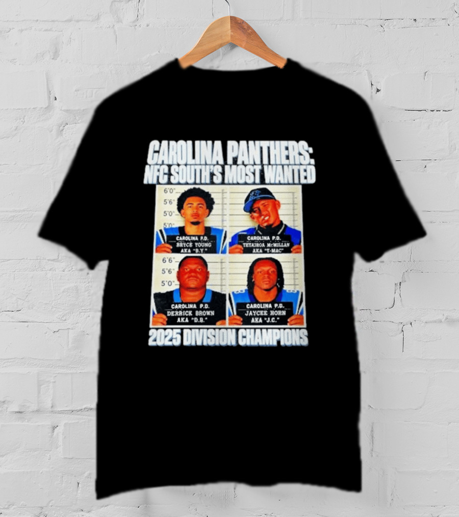 Carolina Panthers NFC South's Most Wanted Bryce Young Derrick Brown Jaycee Horn 2025 Division Champions T-Shirt