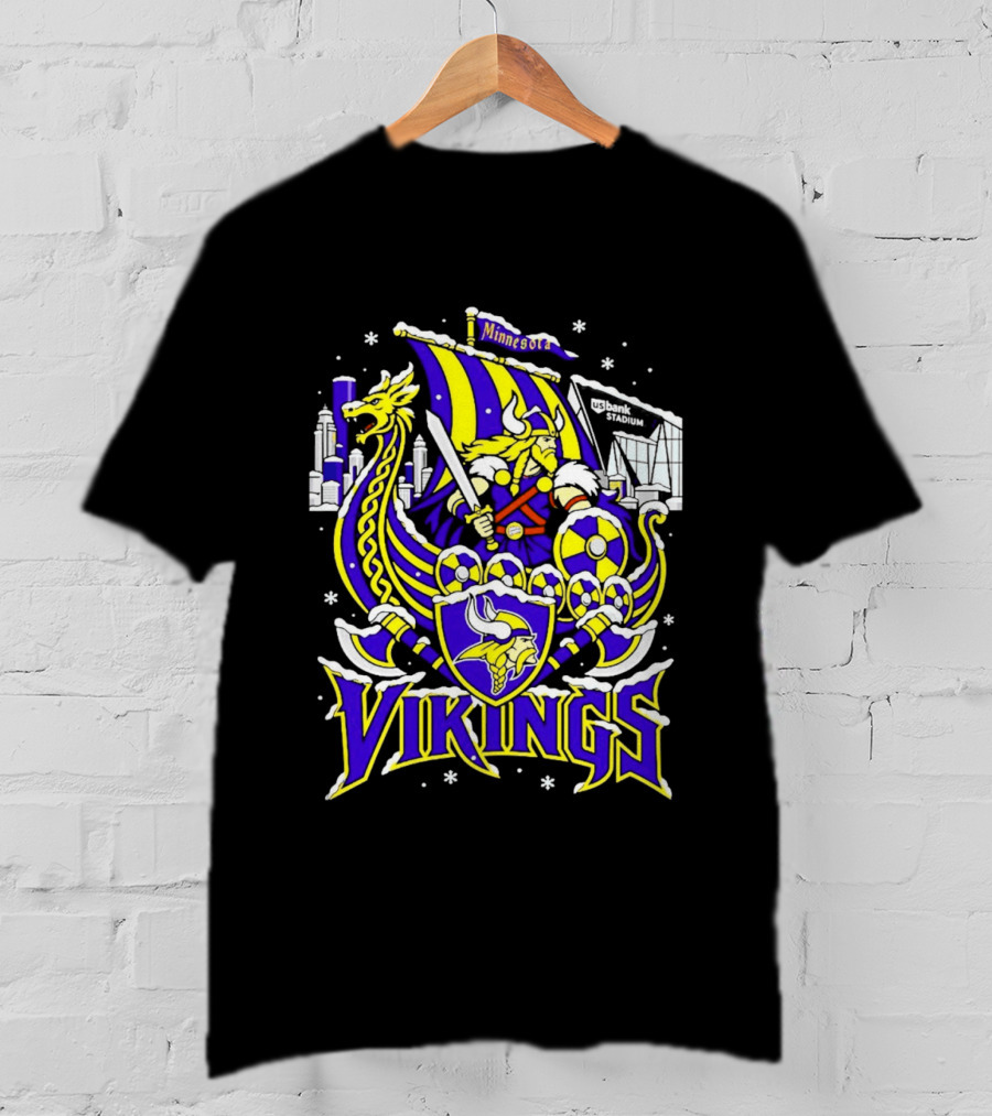 Minnesota Vikings Ship US Bank Stadium Winter City Skyline T-Shirt