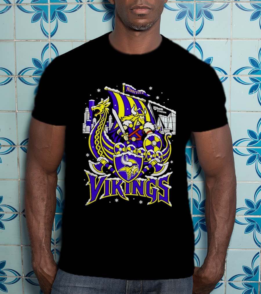 Minnesota Vikings Ship US Bank Stadium Winter City Skyline T-Shirt