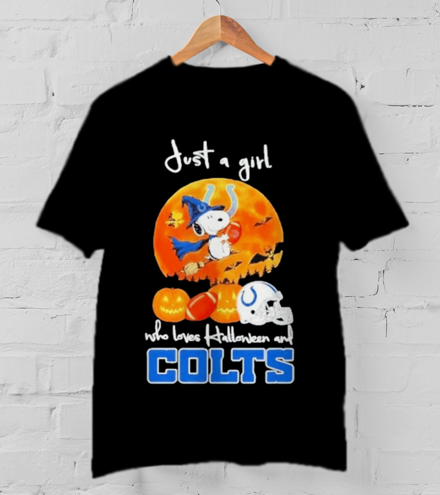 Just A Girl Who Loves Halloween And Colts Snoopy Woodstock Collaboration T-Shirt