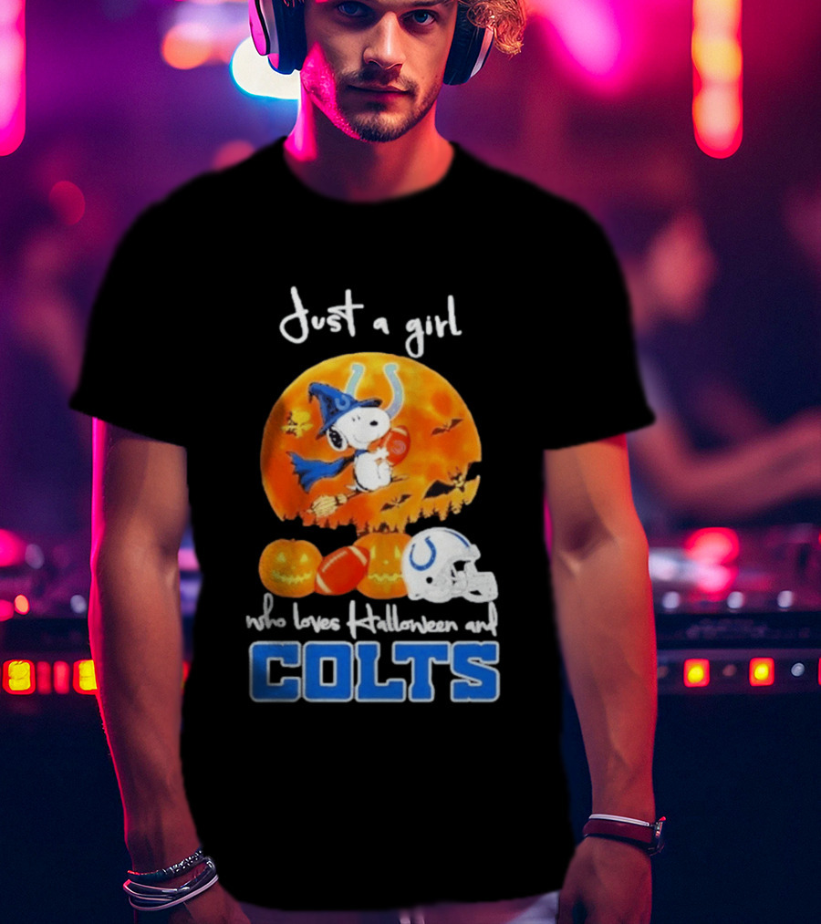 Just A Girl Who Loves Halloween And Colts Snoopy Woodstock Collaboration T-Shirt