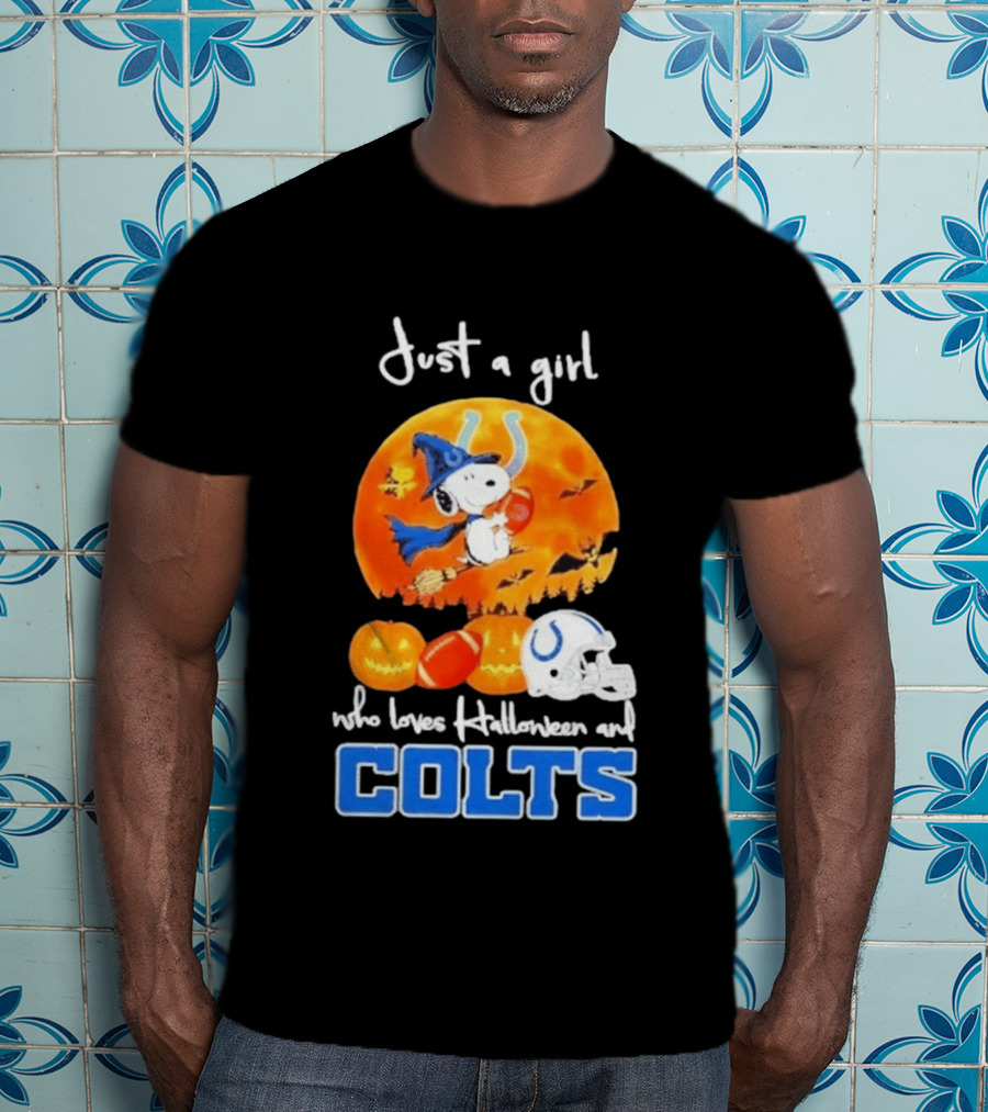 Just A Girl Who Loves Halloween And Colts Snoopy Woodstock Collaboration T-Shirt