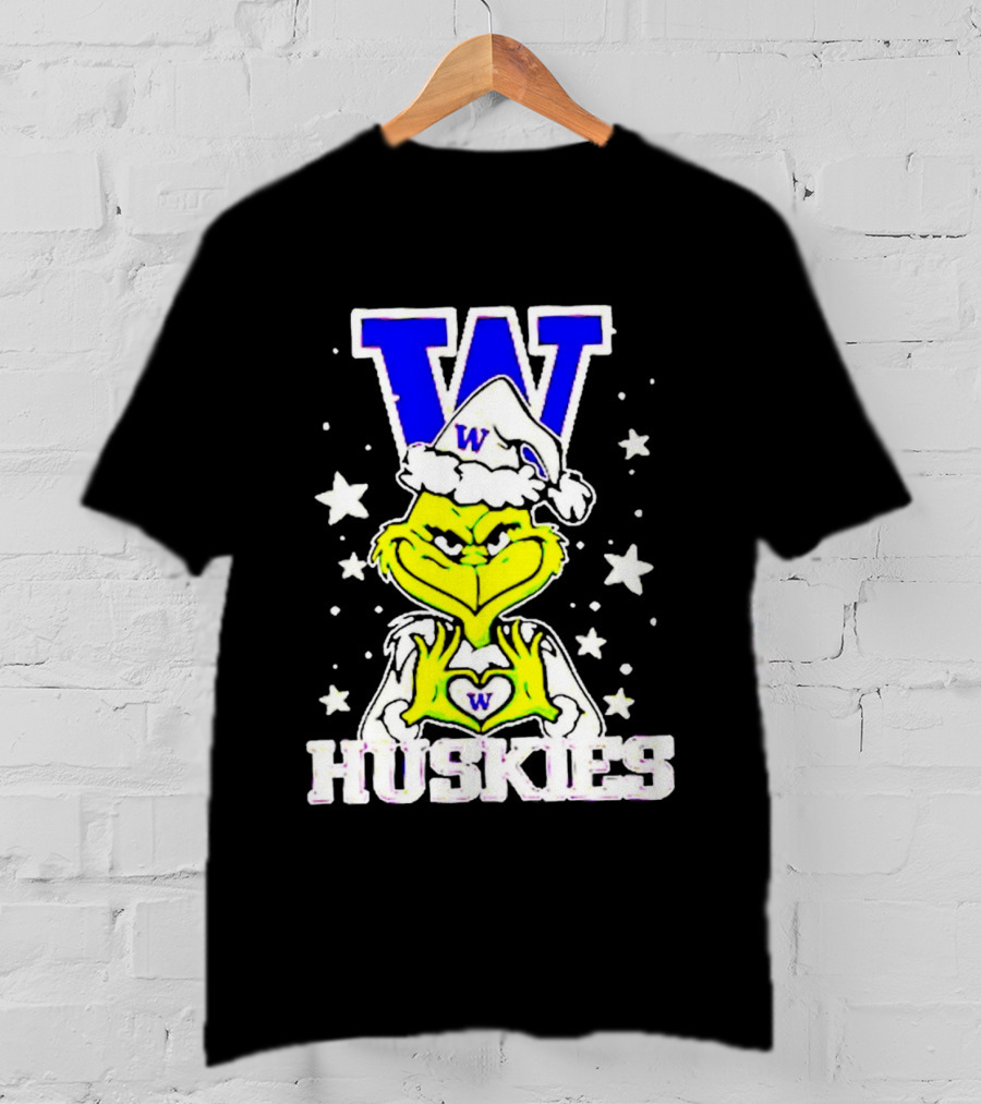 Washington Huskies Grinch Santa Hat Christmas Heart Hands W Monogram T-Shirt