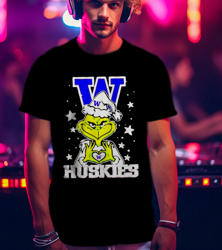 Washington Huskies Grinch Santa Hat Christmas Heart Hands W Monogram T-Shirt