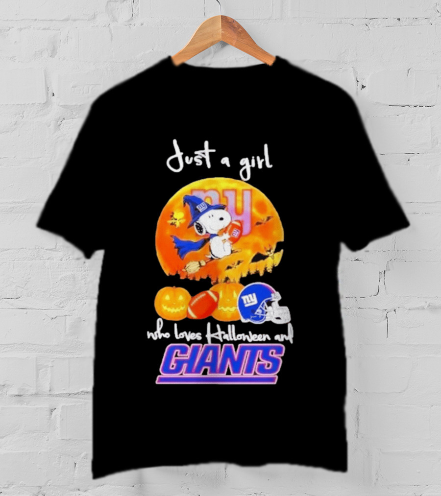 Just A Girl Who Loves Halloween New York Giants Snoopy Woodstock T-Shirt