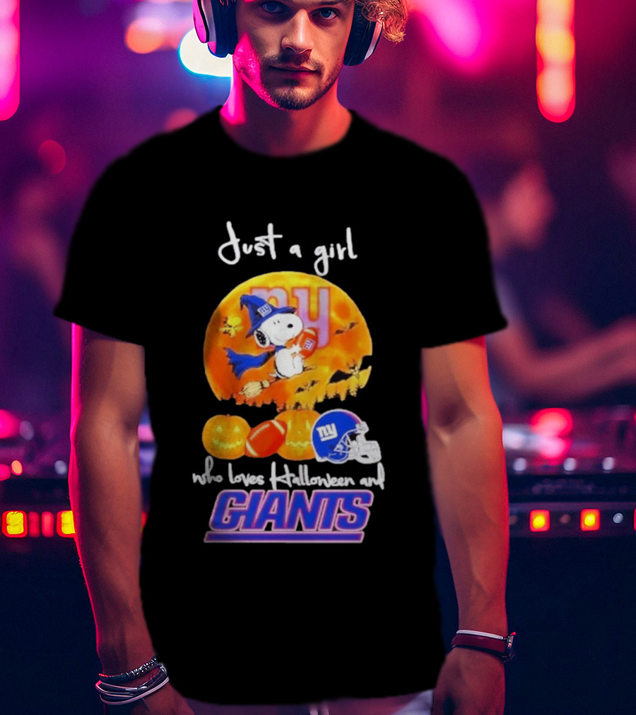 Just A Girl Who Loves Halloween New York Giants Snoopy Woodstock T-Shirt