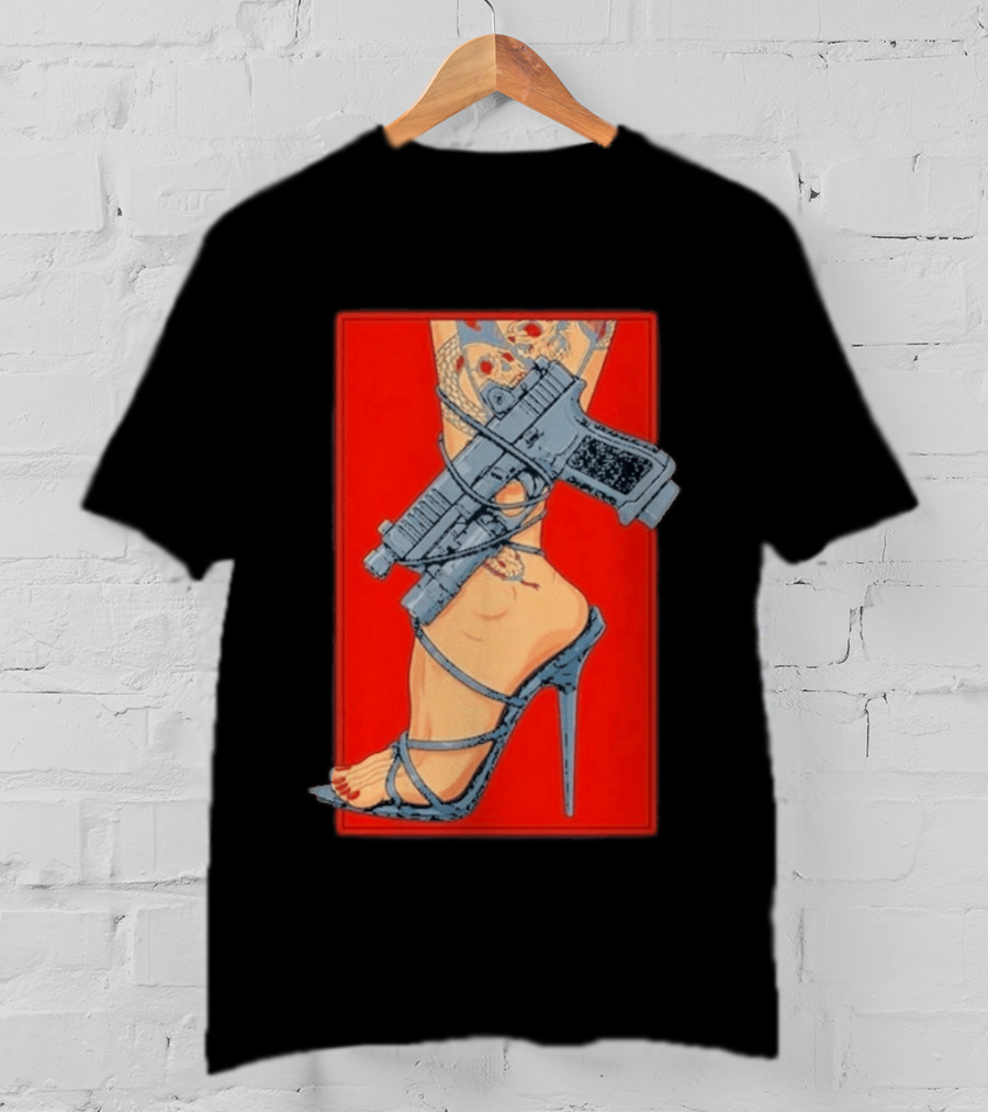 High Heel Stiletto With Gun And Tattoo Art On Red T-Shirt