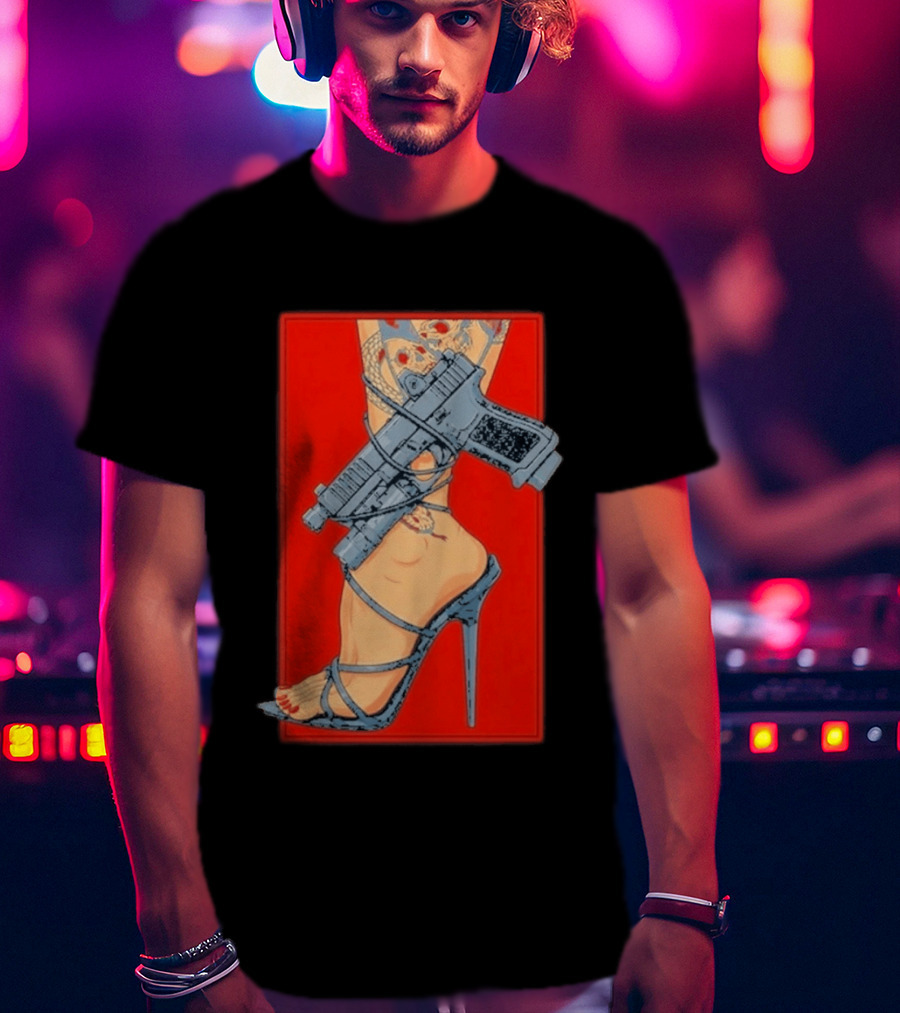 High Heel Stiletto With Gun And Tattoo Art On Red T-Shirt