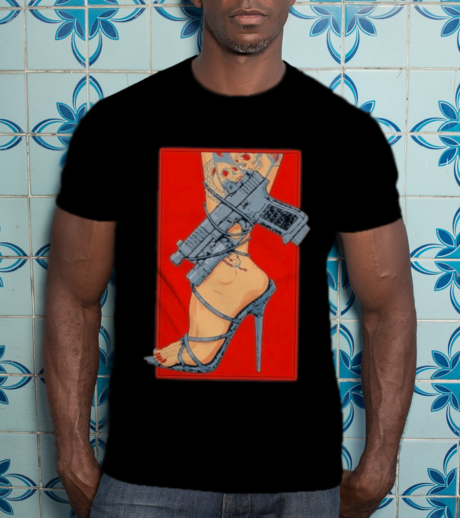 High Heel Stiletto With Gun And Tattoo Art On Red T-Shirt