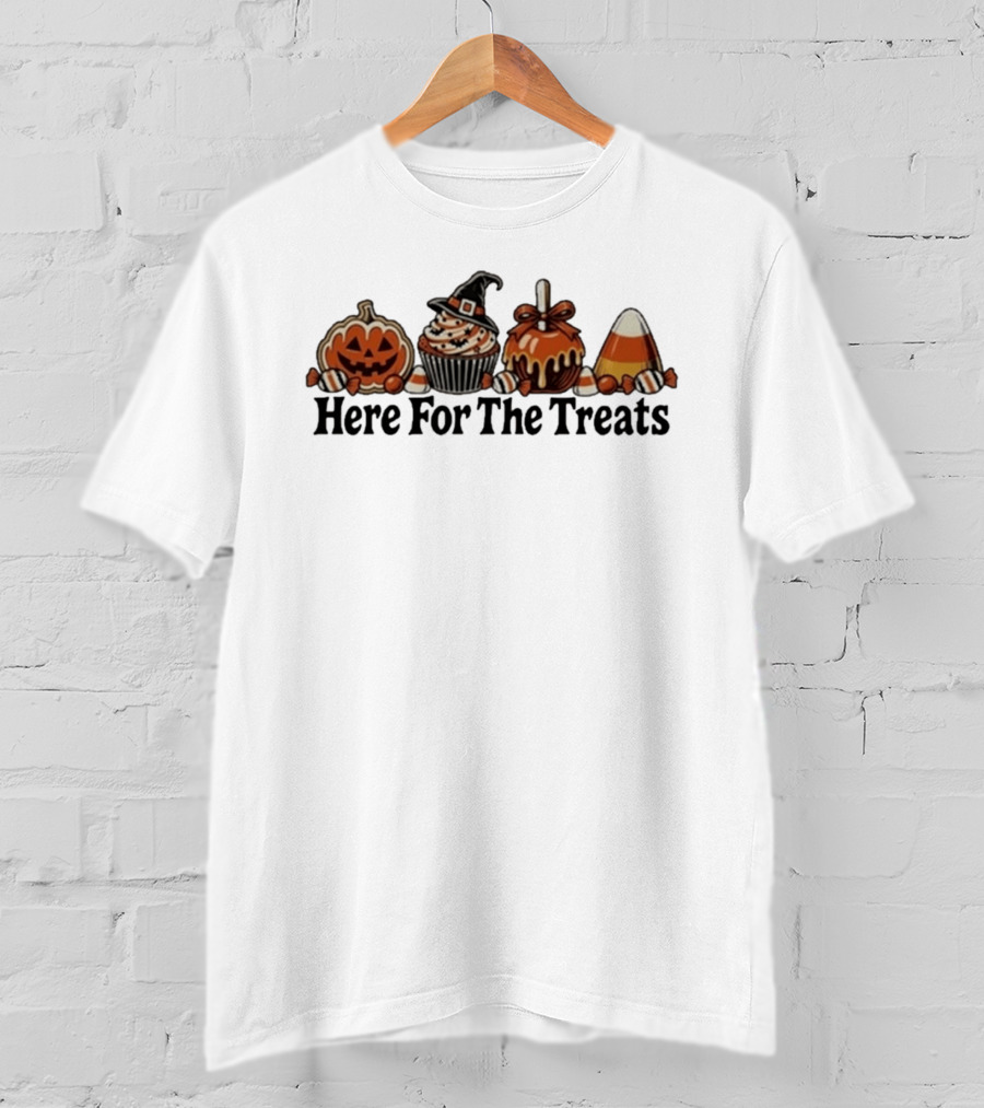 Here For The Treats Halloween Jack O Lantern Cupcake Candy T-Shirt