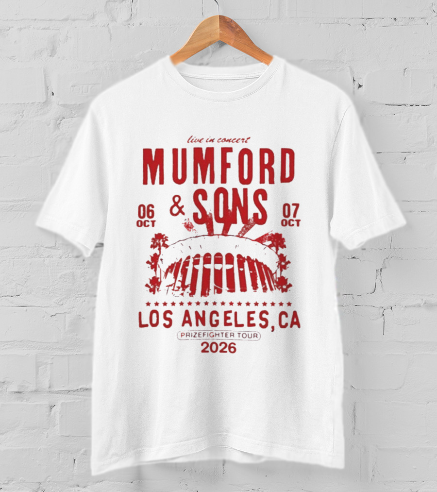 Live In Concert Mumford & Sons October 6 7 Los Angeles Prizefighter Tour 2026 T-Shirt