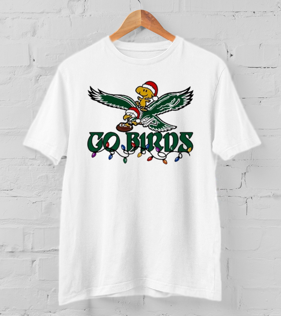 Snoopy And Woodstock Riding Philadelphia Eagles Christmas Go Birds T-Shirt