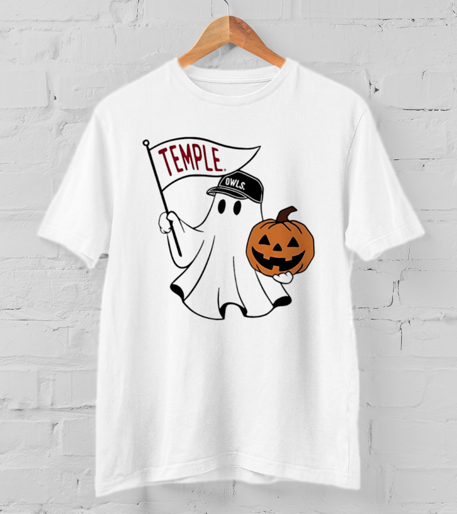 Temple Owls Halloween Ghost With Pumpkin And Flag T-Shirt
