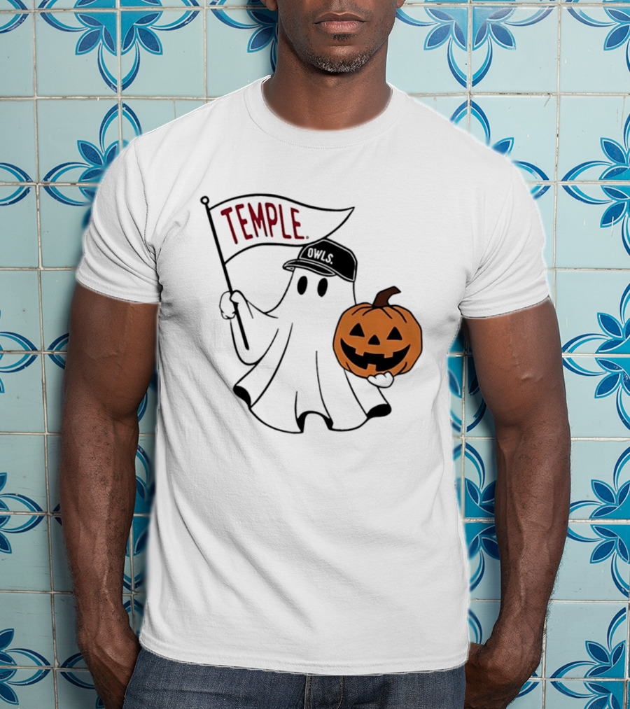 Temple Owls Halloween Ghost With Pumpkin And Flag T-Shirt