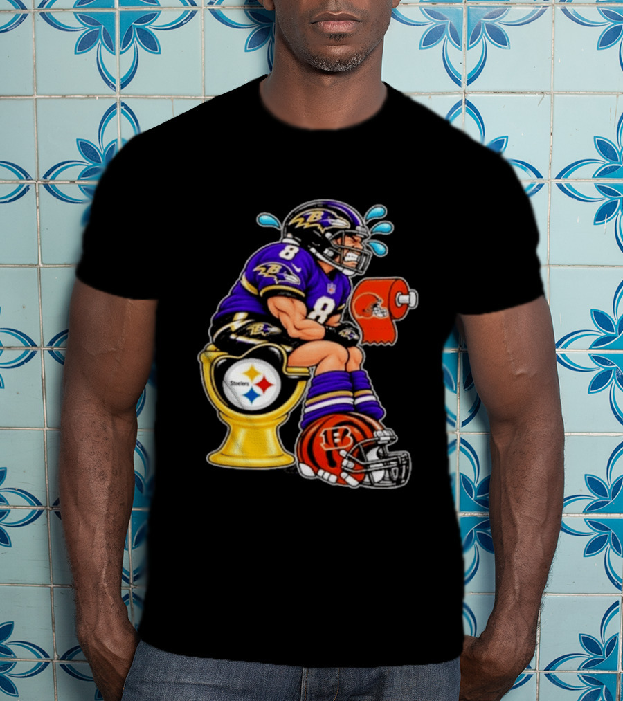 Baltimore Ravens Lamar Jackson On Steelers Toilet With Browns Toilet Paper And Bengals Helmet T-Shirt