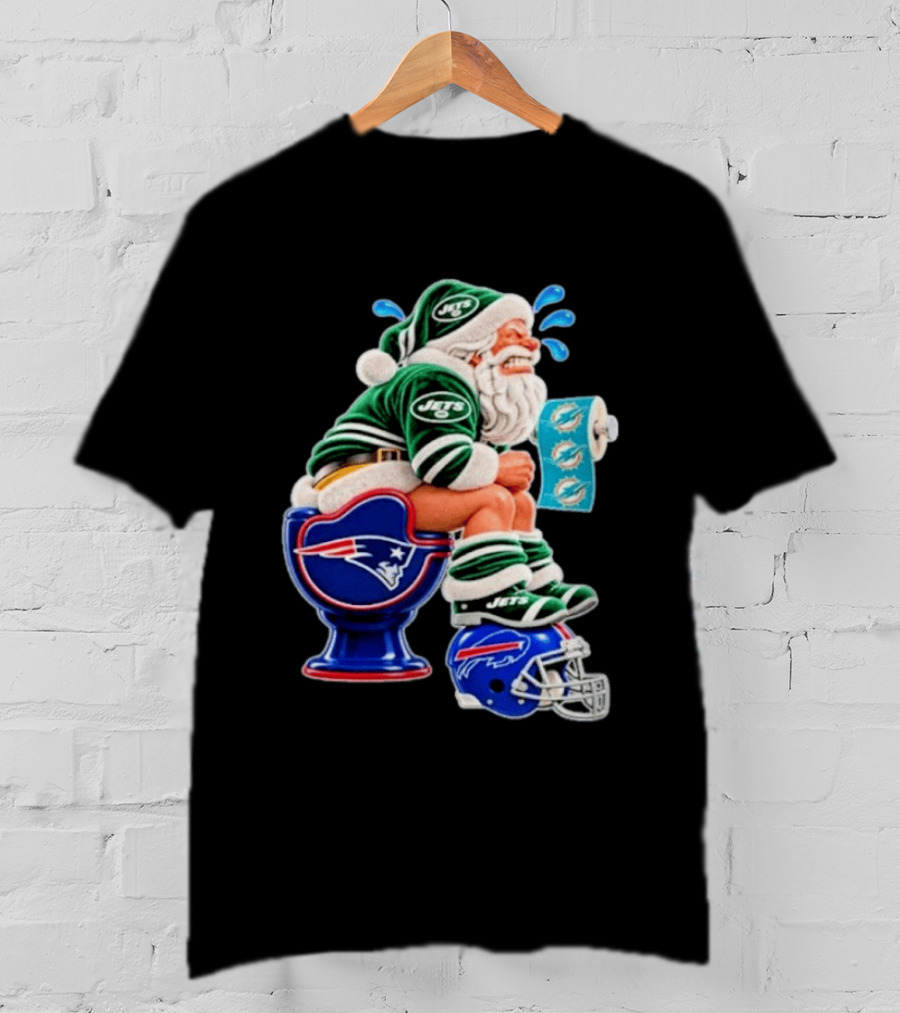 New England Patriots Miami Dolphins Buffalo Bills New York Jets Santa Football Christmas T-Shirt