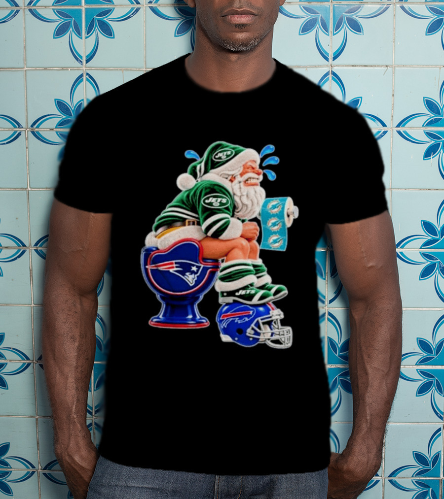 New England Patriots Miami Dolphins Buffalo Bills New York Jets Santa Football Christmas T-Shirt