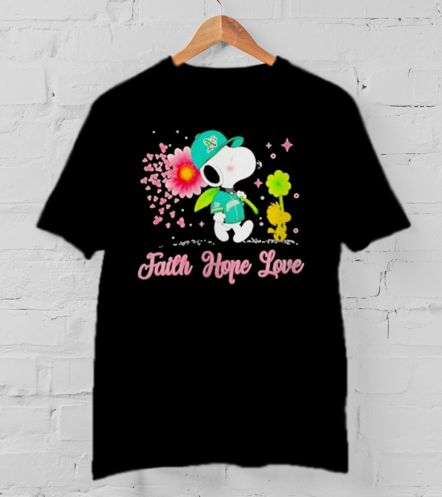 Oakland Athletics Snoopy Woodstock Faith Hope Love Breast Cancer Awareness 2026 T-Shirt