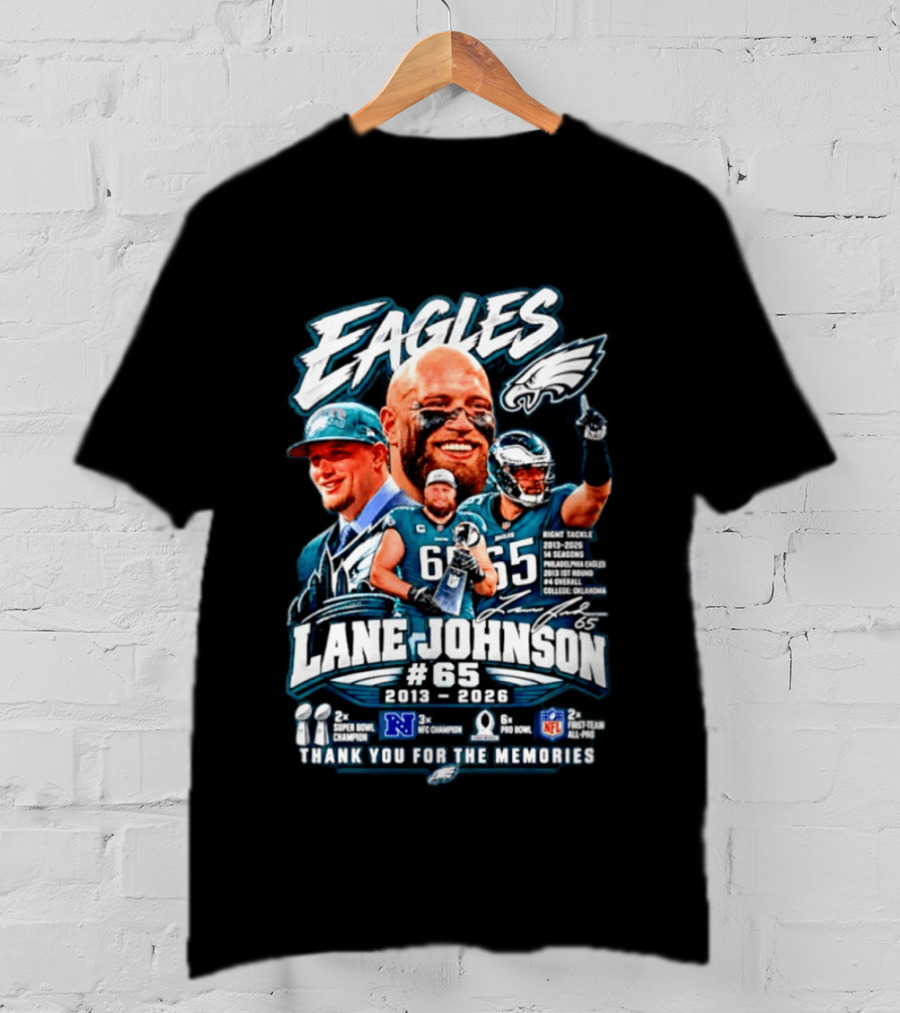 Eagles Lane Johnson #65 Philadelphia NFL Right Tackle 2013 2026 Thank You For The Memories Super Bowl Champion Pro Bowl T-Shirt