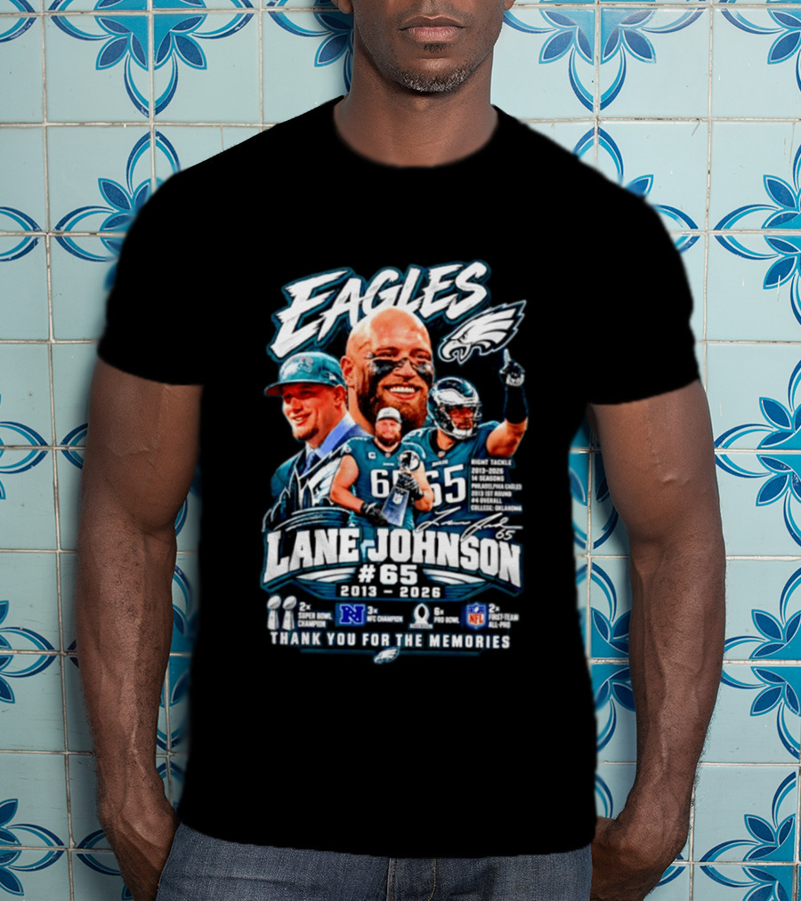 Eagles Lane Johnson #65 Philadelphia NFL Right Tackle 2013 2026 Thank You For The Memories Super Bowl Champion Pro Bowl T-Shirt