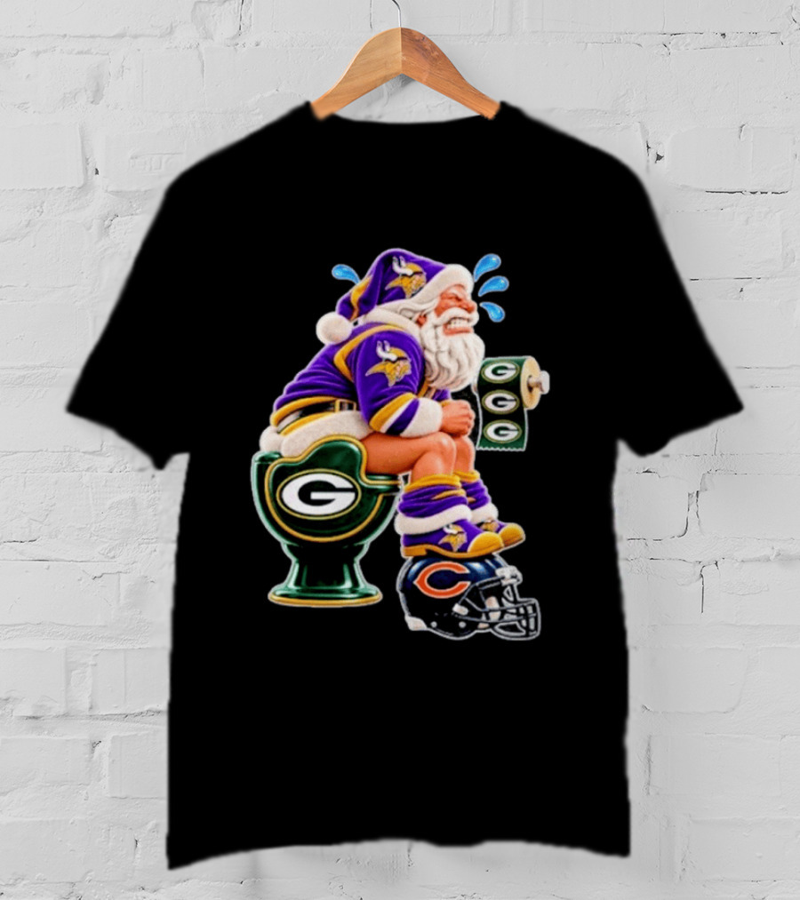 Minnesota Vikings Santa With Green Bay Packers Toilet And Chicago Bears Helmet Christmas Football T-Shirt