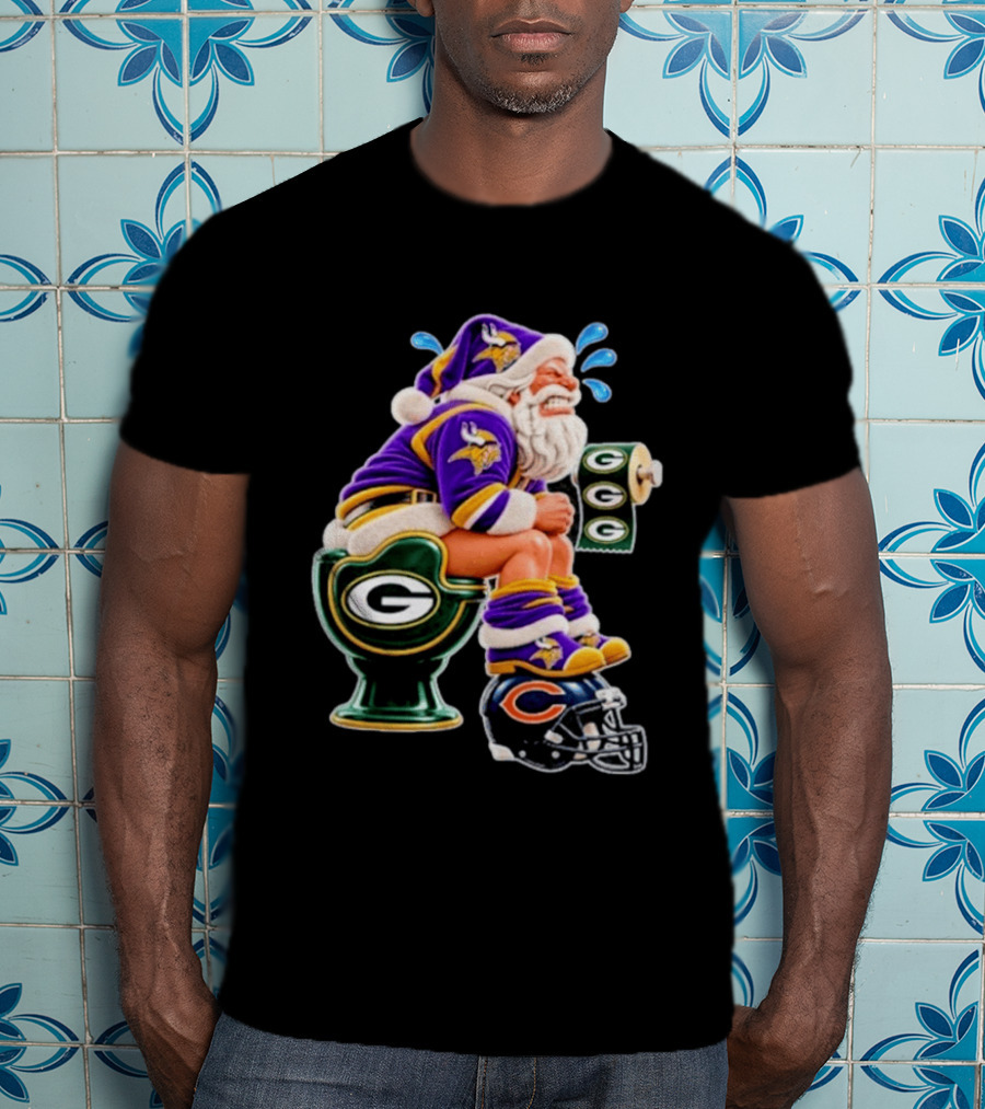Minnesota Vikings Santa With Green Bay Packers Toilet And Chicago Bears Helmet Christmas Football T-Shirt