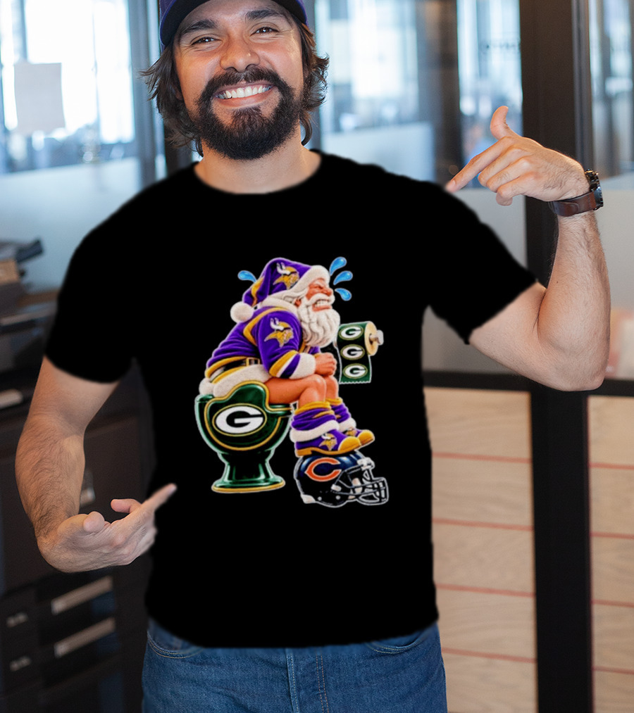 Minnesota Vikings Santa With Green Bay Packers Toilet And Chicago Bears Helmet Christmas Football T-Shirt