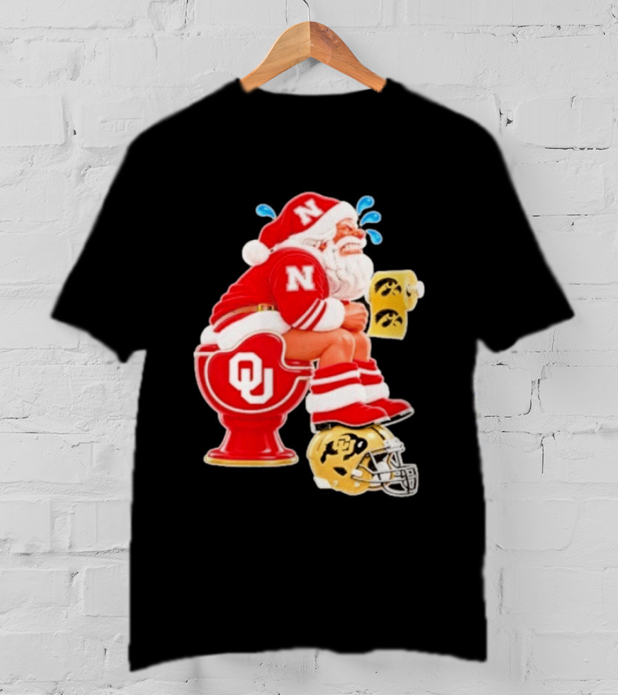 Nebraska Santa On Oklahoma Toilet With Iowa Toilet Paper And Colorado Helmet Football Rivalry Humor T-Shirt