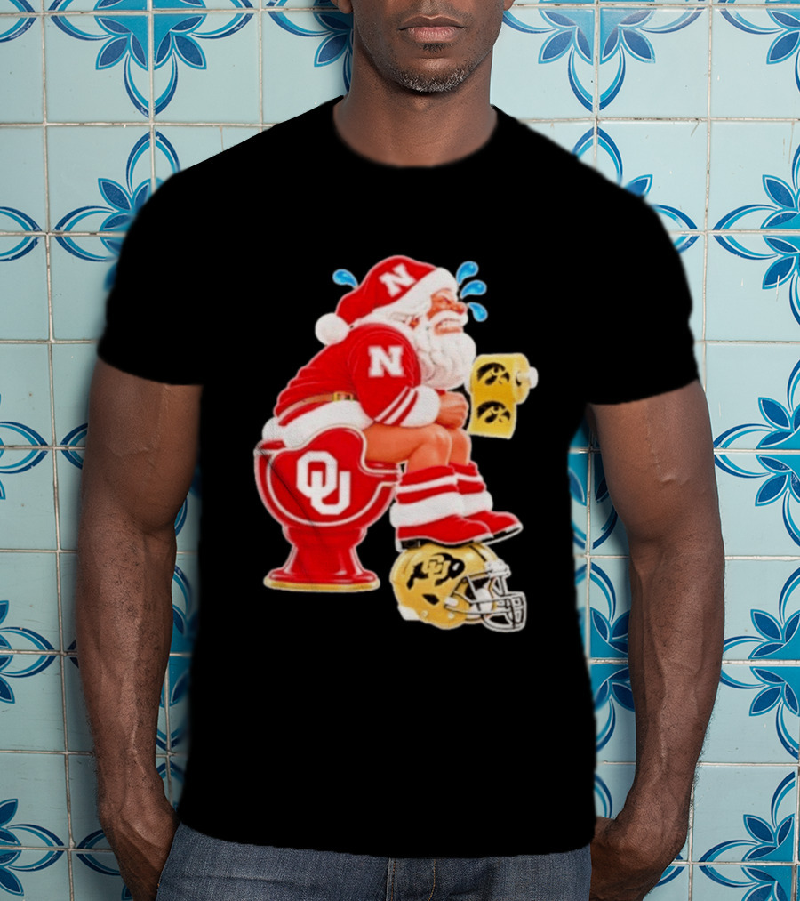 Nebraska Santa On Oklahoma Toilet With Iowa Toilet Paper And Colorado Helmet Football Rivalry Humor T-Shirt